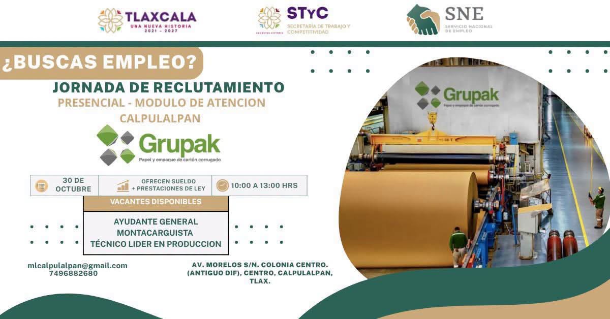 Calpulalpan realizará jornada de reclutamiento para cubrir vacantes en Grupak